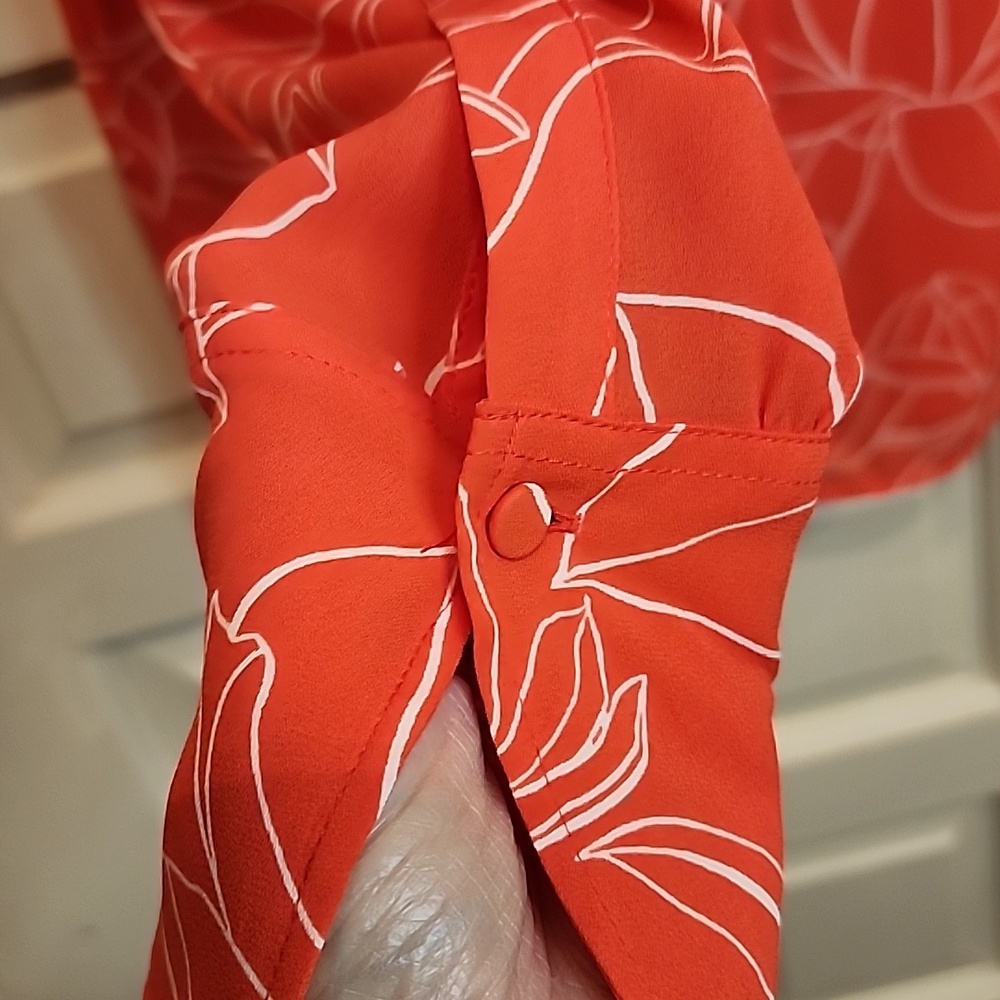 Ann Taylor Coral Red Floral Long-Sleeve Blouse Feminine Graceful Classy Rich - Picture 4 of 8